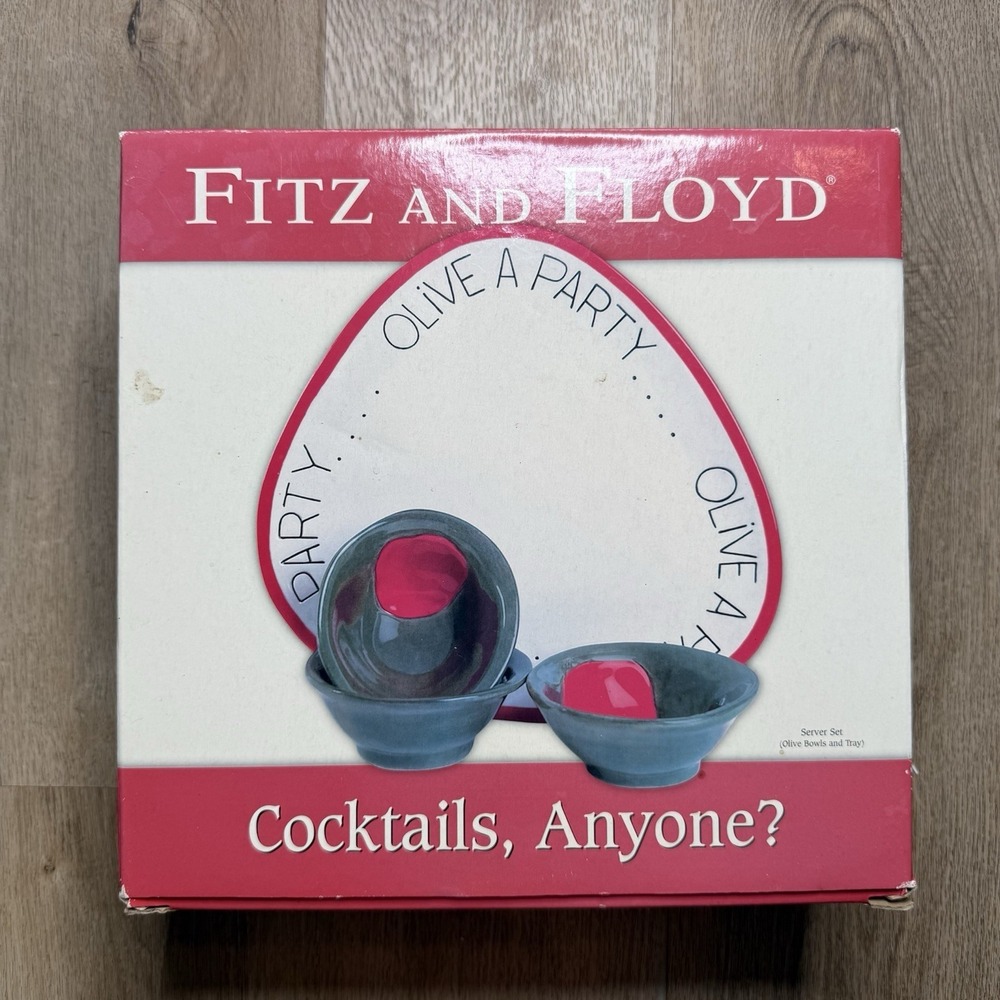 NEW Fitz & Floyd Olive A Party Cocktail Serving Platter Tray 2 Bowls Charcuterie
